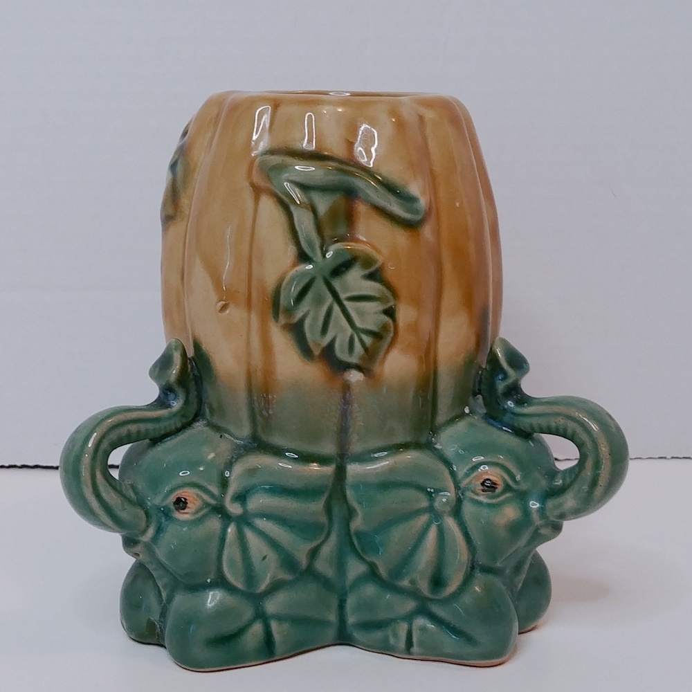 Vintage Tall Elephants Planter Trunks Up Good Luck